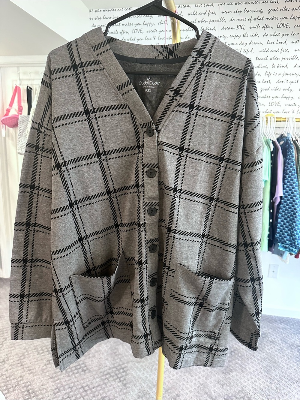 CuddlDuds Petite Comfortwear Cardigan Charcoal Plaid 2X Petite